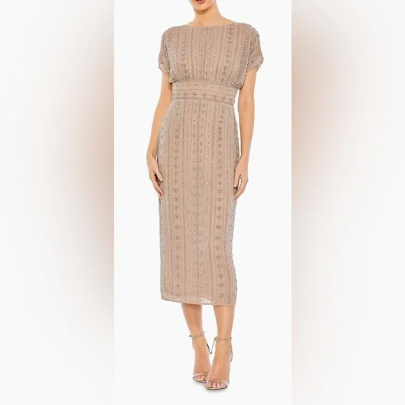 *Flawed Mac Duggal 93649 NWT Beige Embellished Midi Dress - Picture 1 of 6
